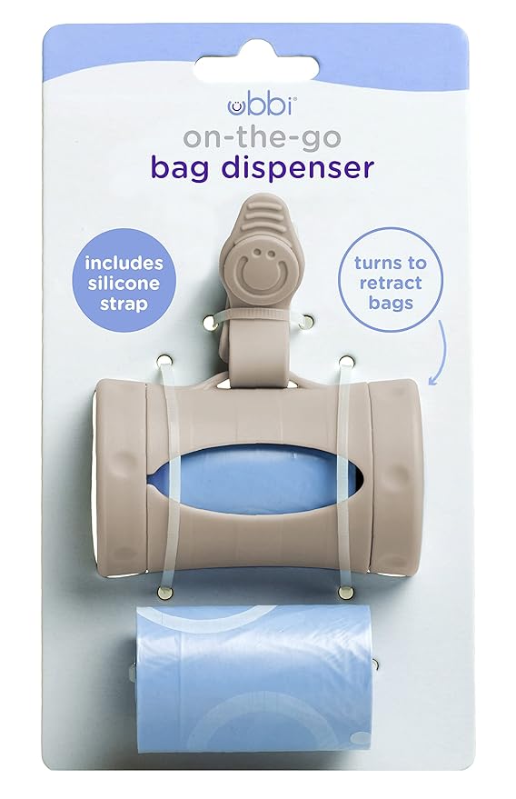 Ubbi Retractable On-the-Go Bag Dispenser for Baby Travel, Diaper Bag Accessory Must Have for Newborns, Helpful Baby Accessory, Taupe (Pack of 5)