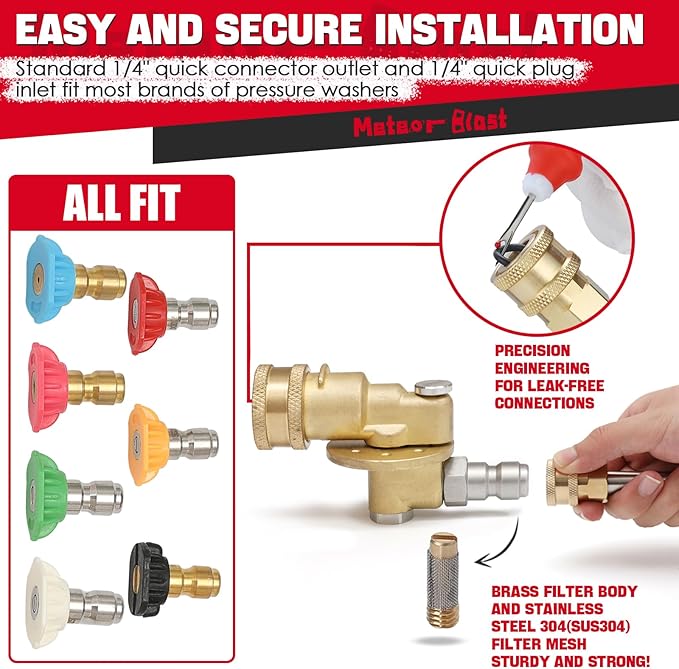 Meteor Blast Pivoting Coupler, 270 Degree with 7 Angles, heavy duty design and Stainless Steel Safety Lock for Pressure Washer Spray Nozzle, Clean Hard to Reach Area, 5000PSI, 1/4” Quick Connect