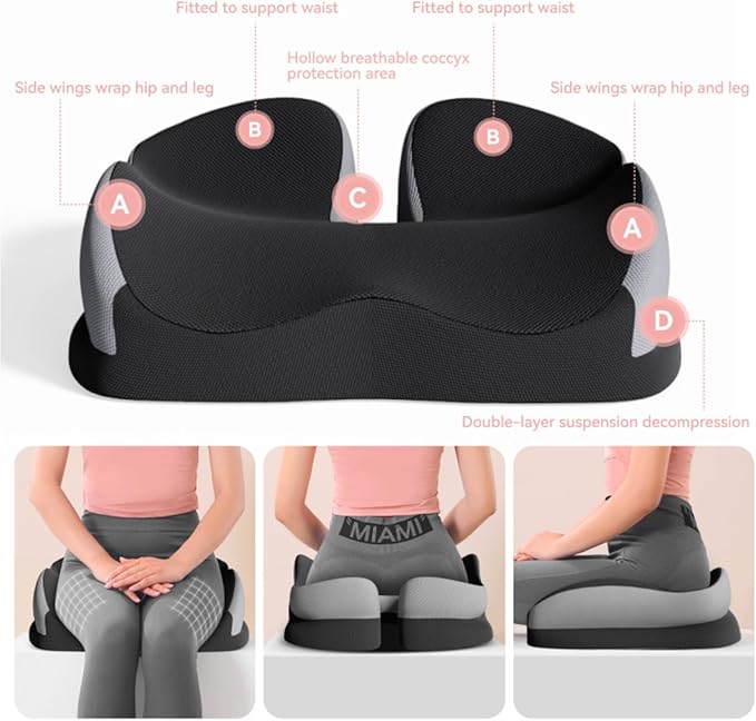 Seat Cushions for Office Chairs Wheelchair Cushion for Long Sitting Back Pain，Memory Foam Seat Car Computer Desk Chair Cushion，Coccyx Cushion for Tailbone Pain Relief Cushion Office Chair Black