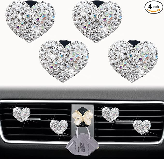 Bling Heart Air Vent Clips, 4 Pcs Silver Heart Car Air Fresheners Vents Clips Car Diffuser Diamond Car Interior Decor Charm Cute Car Accessories Car Decoration for Women + Cute Butterfly Mask Hook
