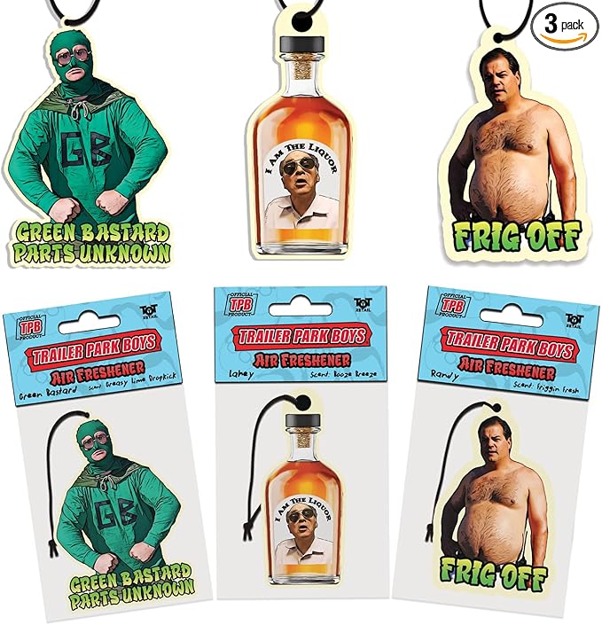 Trailer Park Boys Air Freshener 3-Pack – Randy “FRIG OFF,” Mr. Lahey “I Am the Liquor,” Bubbles “Parts Unknown” – Funny Car Hanging Scents Bundle