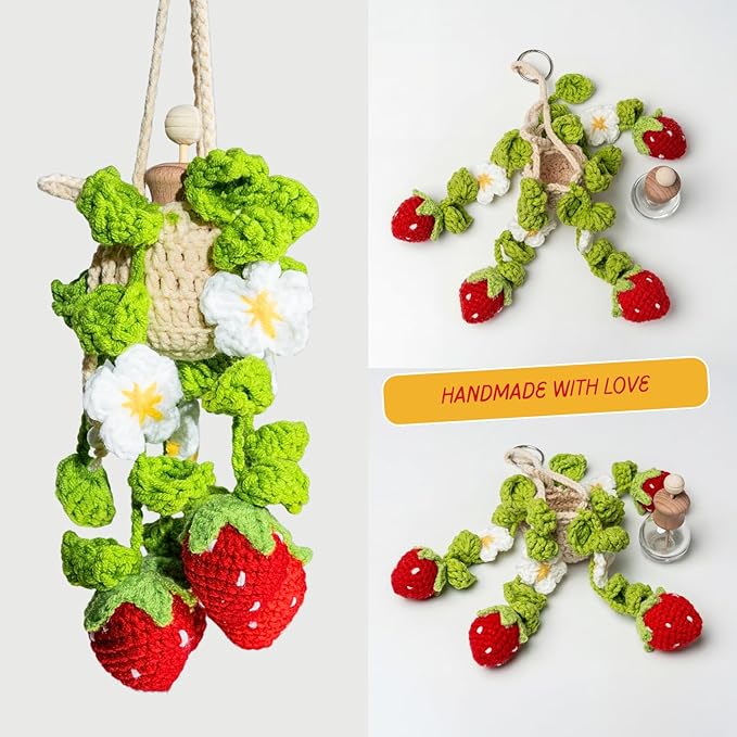 Crochet Car Air Freshener, 15ml Empty Refillable Oil Diffuser Bottle With Crochet Strawberry Hanging Plant for Car Accessories, Crochet Plant for Rear View Mirror Decor, Home and Office Decor