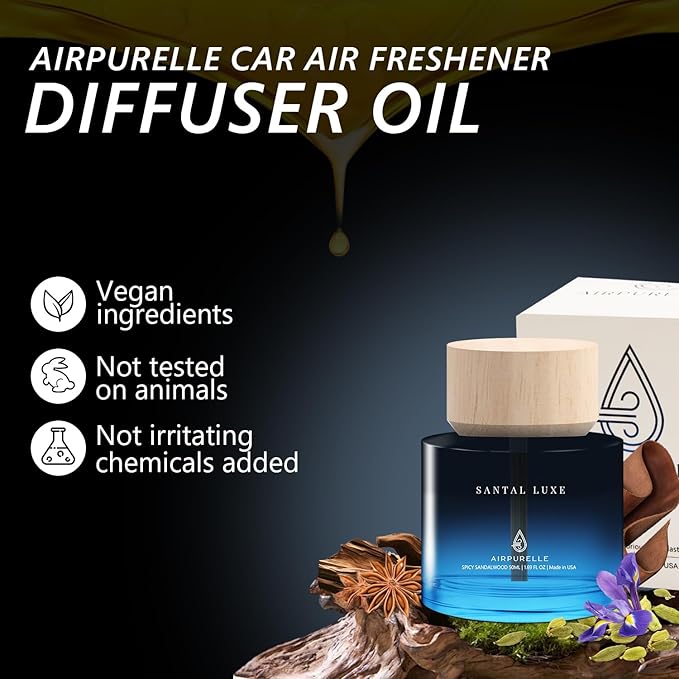 Car Air Freshener 50ML (1.7 FL OZ) Car Air Fresheners Perfume - Spicy Sandalwood Fragrance Oil Air Diffuser for Car, 180+ days Long Lasting Fragrance, Wooden Cup Design Car Fresheners, Made in USA