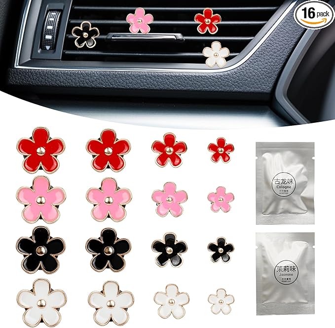 16PCS Daisy Flower Car Air Vent Clips with Fragrance Pads - Cute Girly Car Accessories, Refillable Air Fresheners, Multi-Size Decorative Vent Clips for Women