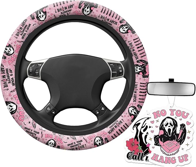 Halloween Ghost Steering Wheel Cover Horror Movie Car Accessories for Men Women with 2 Car Air Freshener, 15 Inch Anti-Slip Car Steering Wheel Covers Universal Fit