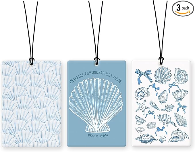 Lacama Retro Blue Beach Christian Car Air Freshener 3Pcs, Coastal Beach Shell Bible Verse Cars Scents Air Freshener for Women Girl Gifts, Preppy Christian Car Accessories Interior Mirror Decor Hanging