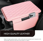 Car Center Console Cover, Waterproof Leather Car Armrest Cover Cushion with Side Storage Pockets, Upgraded Vehicle Armrest Storage Box, Universal for SUV, Sedan, Truck (Pink)