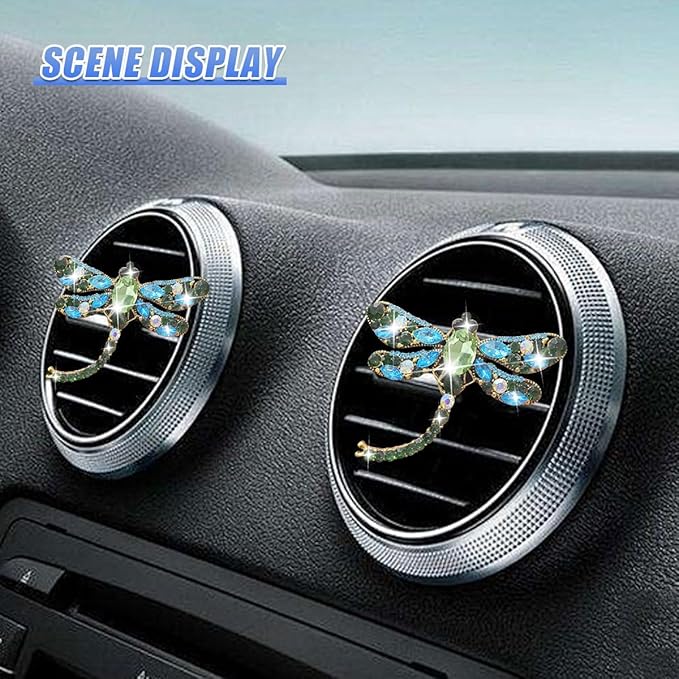 2PCS Bling Dragonfly Car Air Vent Clips, Crystal Rhinestone Car Air Conditioning Outlet Clip, Universal Cute Vehicle Interior Diffuser Decoration Accessories for Women(Green)