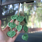 Handmade Crochet Hanging Car Air Freshener- Lifelike Green Pothos for Hanging with 12ml Thick Refillable Glass Diffuser Bottle, Suitable Decor for Car Rearview Mirror, Home & Wellness Spaces