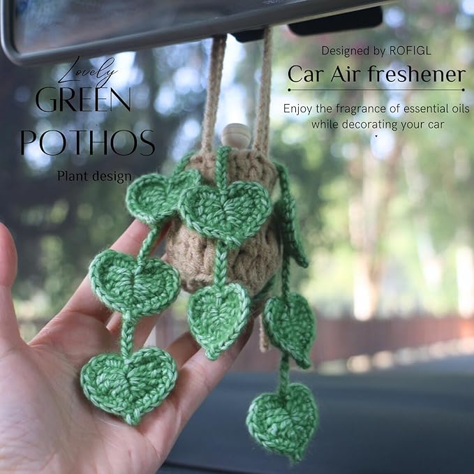 Handmade Crochet Hanging Car Air Freshener- Lifelike Green Pothos for Hanging with 12ml Thick Refillable Glass Diffuser Bottle, Suitable Decor for Car Rearview Mirror, Home & Wellness Spaces