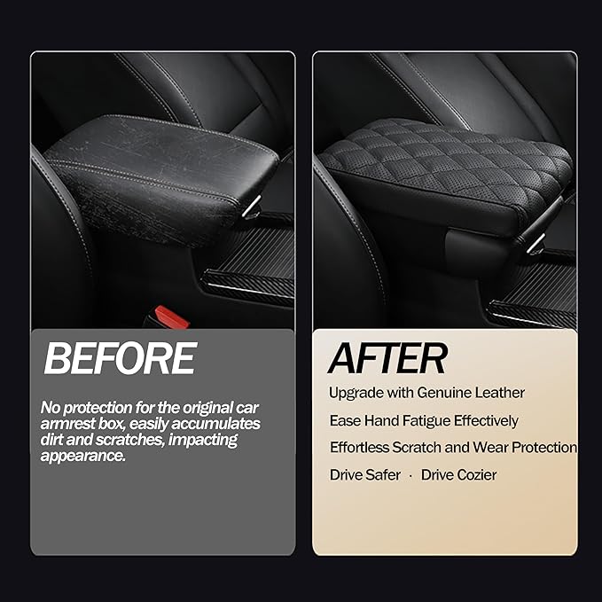 Car Center Console Cover/pad Genuine Leather,Universal Armrest mat, Adjust driving posture Cushion,Protector box,Memory Foam,Real cowhide,Relieves shoulder/arm fatigue,boosting driving safety