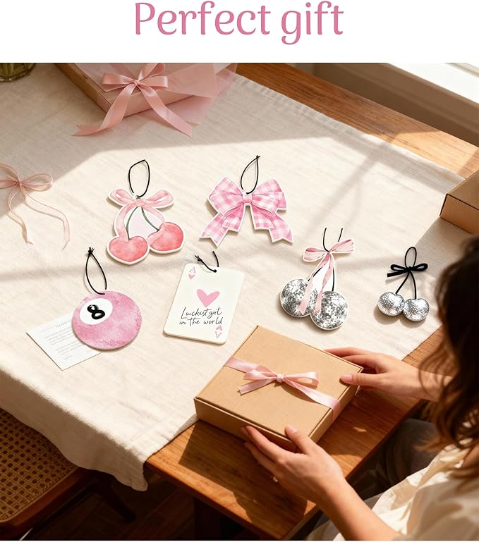 Coquette Pink Bow Car Air Fresheners, 5-Pack Assorted Floral Scents Cherry Cute Girly Car Accessories Hanging Decor for Rearview Mirror Long-Lasting for Women Teen Girls