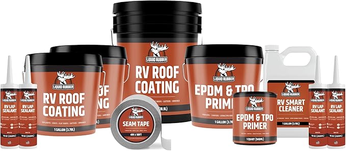 Liquid Rubber RV Roof Coating 40 Ft Leak Repair Kit – Solar Reflective, Waterproof & Weatherproof Protection – Complete System with Sealer, EPDM Primer, Cleaner, Seam Tape & Lap Sealant
