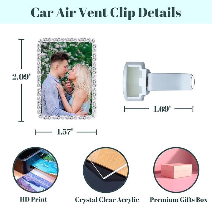 Custom Rhinestone Car Vent Clip Air Freshener with Photo – Personalized Acrylic Picture Frame for Car Interior Decoration Accessories, Rectangular Shape (White, One Size)