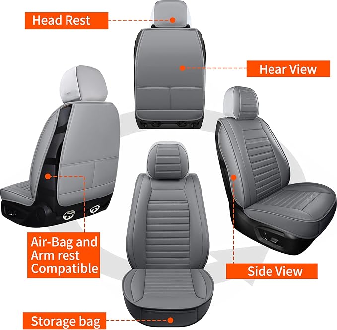 Leather Car Seat Covers, Waterproof Horizontal Stripes Front and Rear Car Seat Cover, Breathable Automotive Seat Covers for Sedan SUV Pick-up Truck (5 PCS Full Set, Grey)