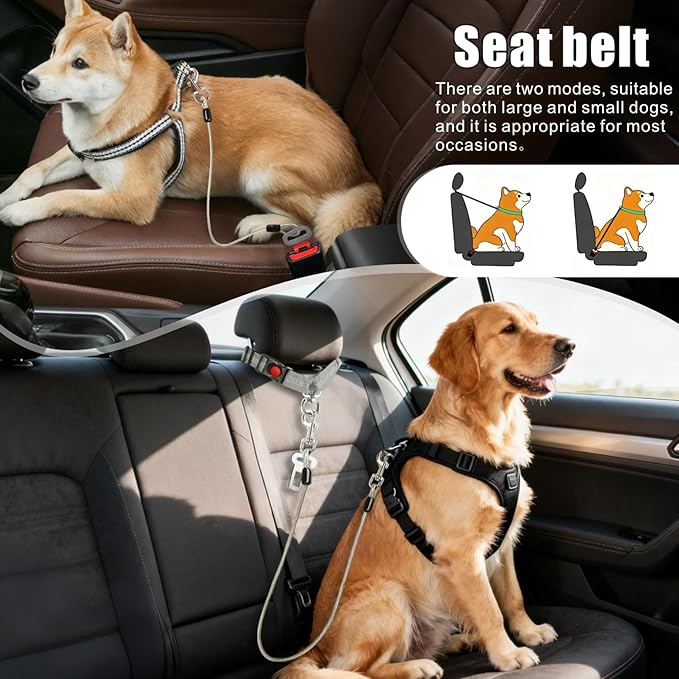 Idepet Dog Seat Belt for Car, 2 Pcs Stainless Steel Chew Proof Dog Seatbelt 3 in 1 Harness for Safety Heavy Duty Pet Seat Belt for Medium & Large Dogs Grey