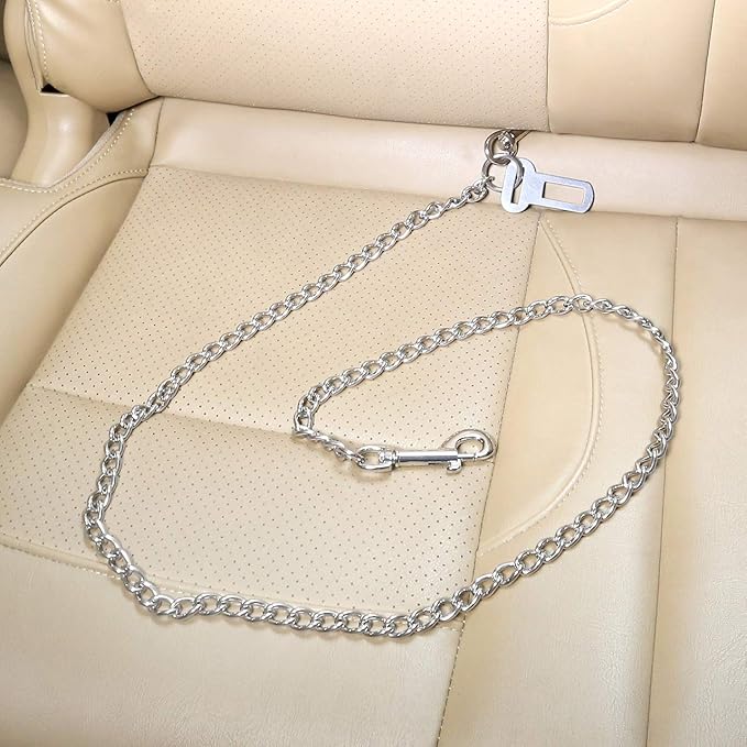 Mogoko Stainless Steel No chew Dog Car Seat Belt, Pet Vehicle Safety Restraint Cable, Heavy Duty Big Canine Dog Car Leash Strap with Double Clip and Latch Attachment-33 Inch