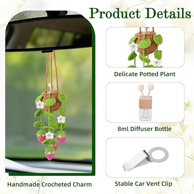 Crochet Car Air Freshener, 8ml Empty Refillable Oil Diffuser Bottle with Hanging Crochet Pink Strawberry Plant & Hanging Tools, Car Rearview Mirror Diffuser for Wall Art & Home & Office Decoration