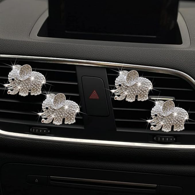 Bling Elephant Air Vent Clips, 4 Pcs Crystal Elephant Car Air Fresheners Vent Clips Diffuser Vent Clip Rhinestone Diamond Car Decoration Interior Decor Bling Accessories for Women