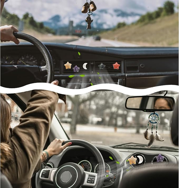 Boho Car Decor,Stars Moon Air Vent Clips,Refillable Car Fresheners,5pcs Natural Crystal Stone Hippie Dashboard Decorations Accessories,Best Wishes for Lover and Friend