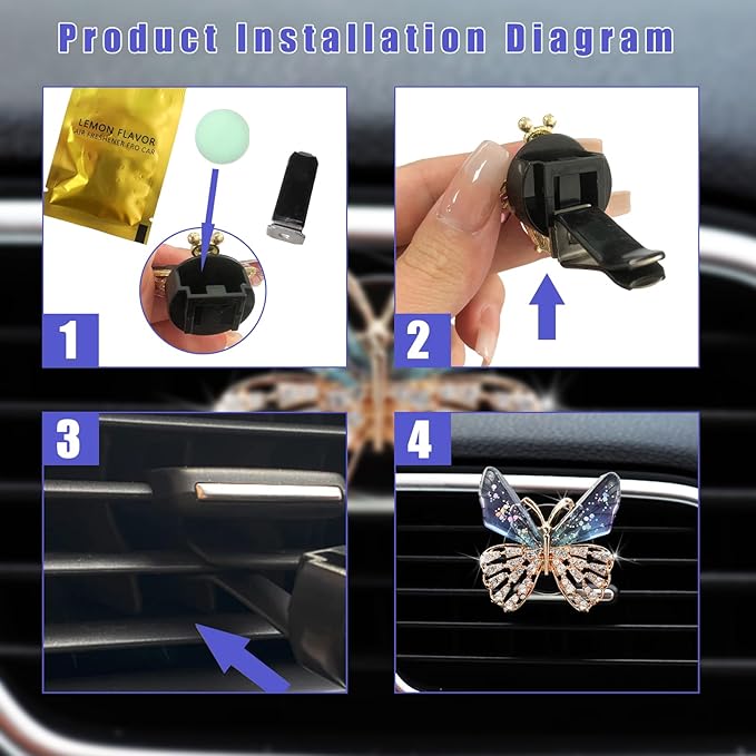 Augeny 2PCS Bling Butterfly Air Vent Clips, Cute Crystal Car Air Fresheners Vent Clips, Rhinestone Diamond Auto Diffuser Vent Clip for Women Girls, Car Interior Decor Accessories (Blue)