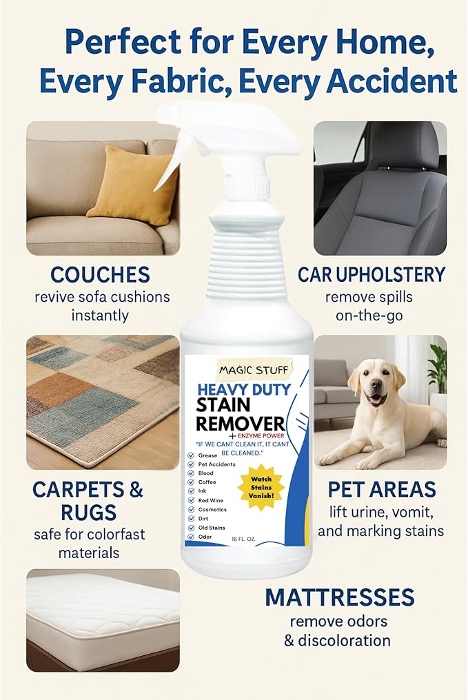 Magic Stuff Heavy Duty Stain Remover - Enzyme-Powered Carpet & Upholstery Cleaner - Eliminates Pet Urine, Odor, Wine, Coffee, Grease, and Deep Set Stains - No rinse, Odor Free, Kid & Pet Safe Formula