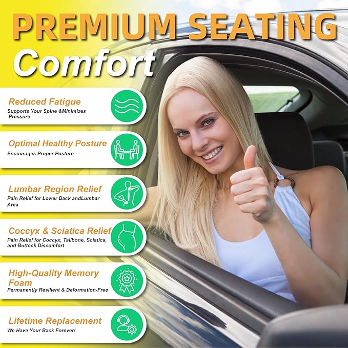 kingphenix Car Seat Cushion with Back Support Pillow: Enhanced Comfort Memory Foam Design for Pain Relief, Ideal for Drivers and Office Use - Ergonomic Lumbar Comfort for Long Sitting - Gray