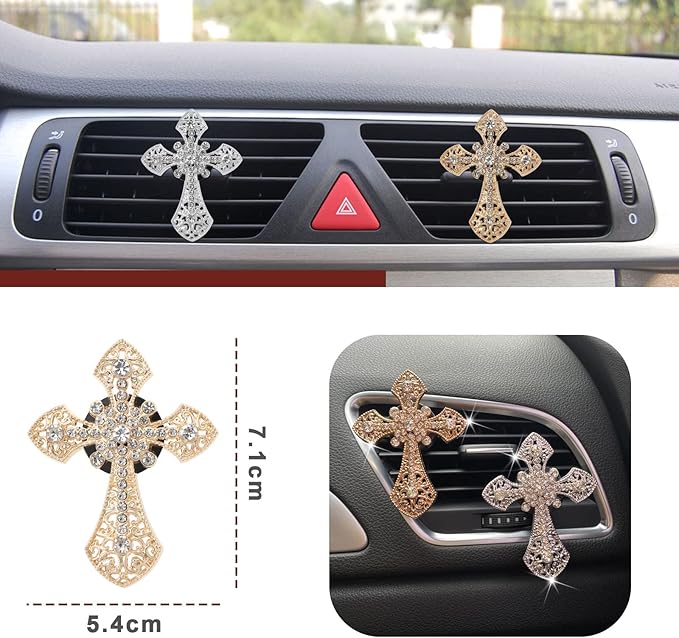 2PCS Cross Car Air Vent Clip Shiny Rhinestone Car Essential Oil Diffuser Car Interior Charm Decoration Accessories for Women Men Auto Interior Decor