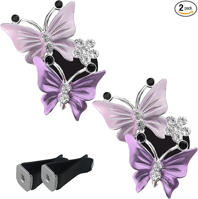 2PCS Car Air Vent Clips, Dual Butterfly Diamond Car Air Conditioner Outlet Vent Clip, Cute Car Diffuser Perfume Clip, Car Air Freshener Decor Accessories for Women Girl (Purple, Style 1)