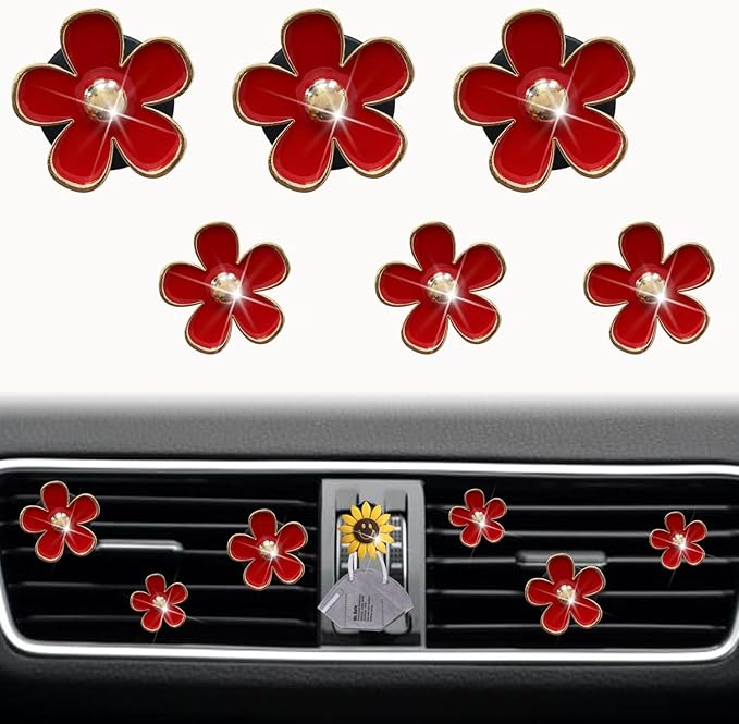 6 PCS Daisy Car Decorations, Cute Flower Air Vent Clip Air Dashboard Outlet Clip Car Air Freshener Vent Clips Car Interior Decor Charm Car Interior Accessories for Girls Women (Red)
