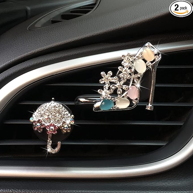 2 Pieces Crystal High Heel Shoe and Umbrella Air Vent Clips Rhinestone Car Air Freshener Clip Bling Pearl Car Clip Gift Decorations Charm Car Inter Air Vent Decor Accessories for Girls Women