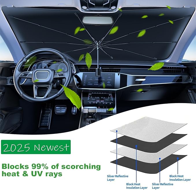 Windshield Sun Shade 2025 Car Accessories 100% Blackout Car Front Windsow Shades Umbrella Automotive Sun Visor Block Heat Insulation Protection (Black Eyes)
