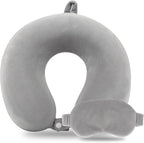 Sexysamba Pure Memory Foam Travel Pillow Set for Adults - Comfortable & Removable Machine Washable Cover, Neck Support Pillow Airplane Travel Kit with Eye Mask for Portable Plane Accessories - Grey