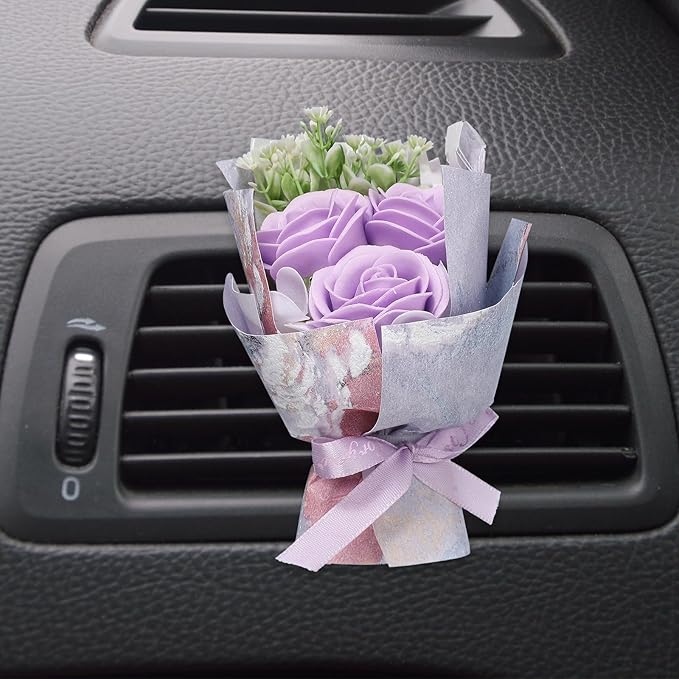 uxcell Light Purple Small Bouquet Car Air Freshener Vent Clips, Mini Decorative Rose Bouquet with Fragrance Diffuser for Women, Automotive Air Freshener Decoration, Style 1