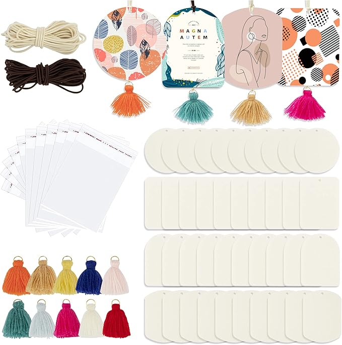 Temlum 40 Pcs Sublimation Air Freshener Blanks with 40 Pcs Tassels, Elastic Rope, Clear Bag, Sublimation Blanks Products DIY Air Freshener for Car, Home Hanging Decoration Sublimation Accessories