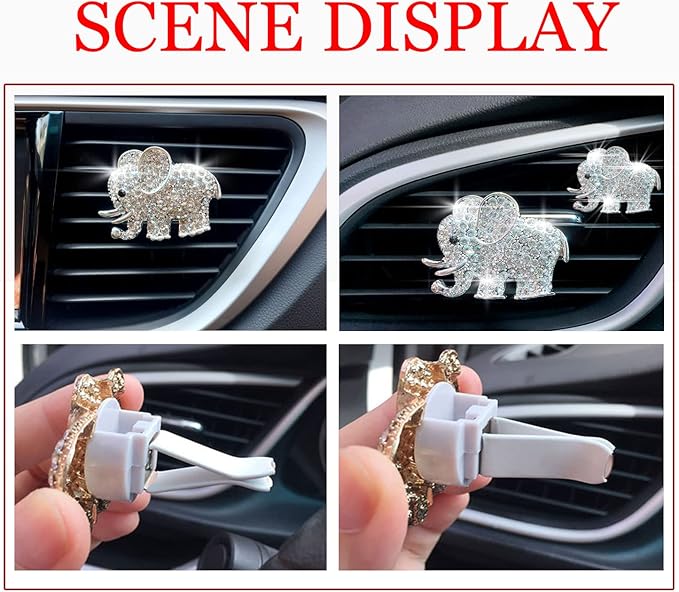 Rhinestone Elephant Car Air Vent Clip, 2PCS Bling Crystal Elephant Car Diffuser Air Conditioner Outlet Decoration Charms, Cute Auto Diamond Decoration Interior Accessories for Women Style E