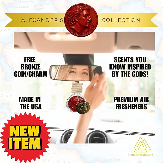 Mahogany Teakwood Luxury Car Air Freshener - Rich Scent Inspired by Classic Teakwood, Long-Lasting 100% Essential Oils, Made in USA - Includes Bronze Alexander Coin Charm by House Of Olympus