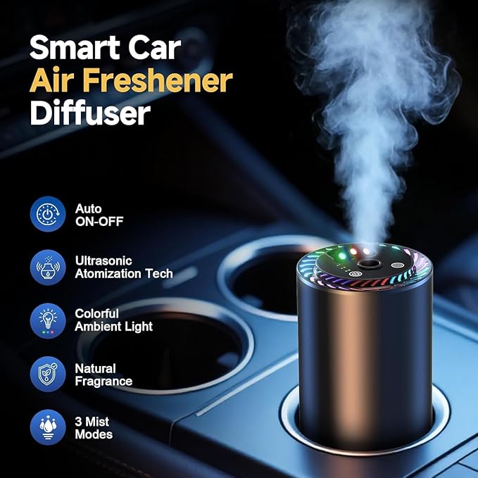 Smart Car Air Freshener with Star Light & 200ml Diffusers Oil Refills, Auto On/Off Aroma Diffuser, 3 Adjustable Mist Modes Rechargeable Aromatizante para Carro - Car Diffuser（Cologne*2+Ocean*2）