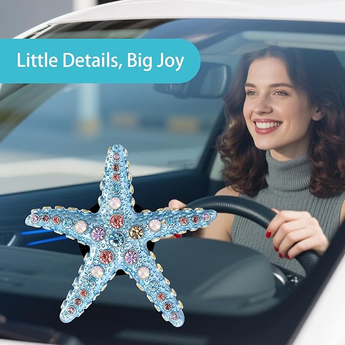 Starfish Car Decor,Cute Beach Car Vent Clip,Colorful Rhinestones Starfish Car Air Freshener,Ocean Themed Accessories for Women Teens,Refillable Diffuser (Blue Starfish)