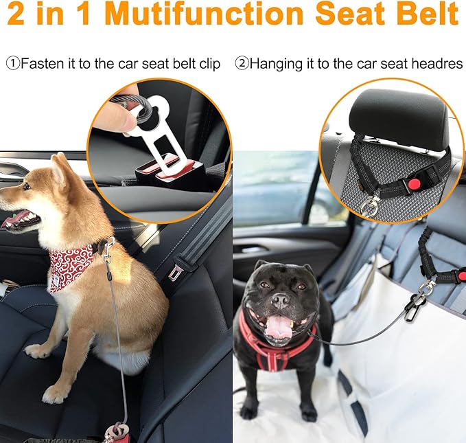 Chew Proof Dog Car Seat Belt, 2 in 1 Steel Cable Dog Car Accessories Headrest Restraint Doggie Car Seatbelt for Medium Large Dogs Chewer Heavy Duty Dog Seatbelts for Cars Swivel Attach