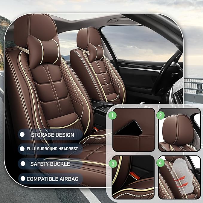 Leather Car Seat Covers Fit for Toyota Prius c 2012-2019, 5 Seater Car Seat Cover, Premium Waterproof, Scratch Resistant Car Interior Accessories (Full Set with Pillow Coffee)