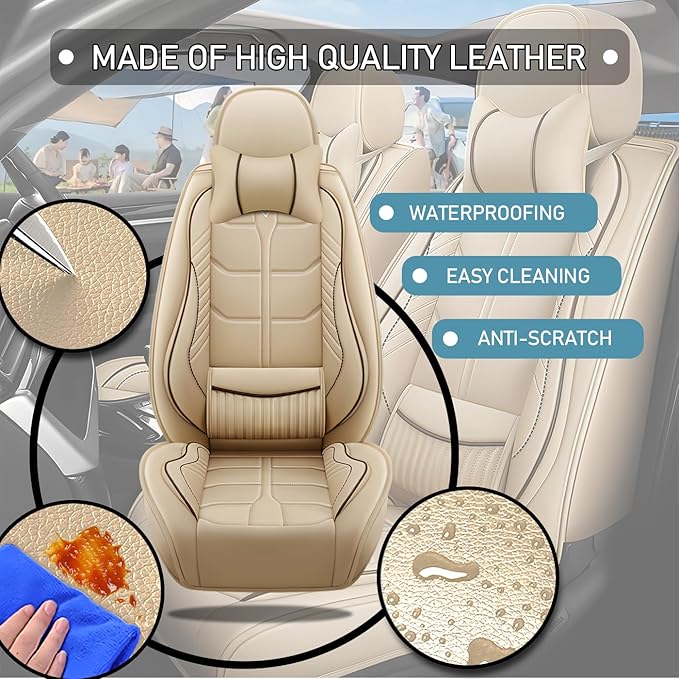 Leather Car Seat Covers Fit for Toyota Corolla Hatchback 2019-2024, 5 Seater Car Seat Cover, Premium Waterproof, Scratch Resistant Car Interior Accessories (Full Set with Pillow Beige)