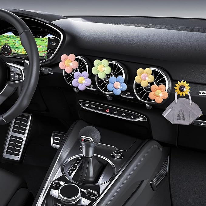 Cute Daisy Air Vent Clips, 6 Pcs Flower Air Fresheners Vent Clips Diffuser Vent Clip Charm Car Decoration for Women Cute Car Interior Decor Accessories +Sunflower Mask Hook