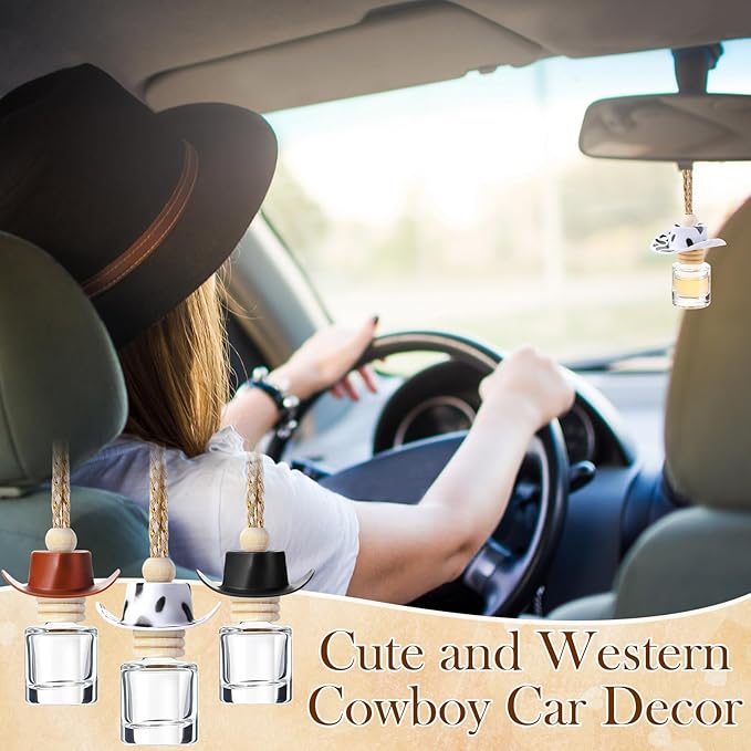 3 Pieces Cowboy Hat Car Air Freshener Hanging Cow Print Diffuser Bottles Western Country Refillable Empty Glass Perfume Bottle Car Interior Rear View Mirror Accessories(Brown, Spots, Black)