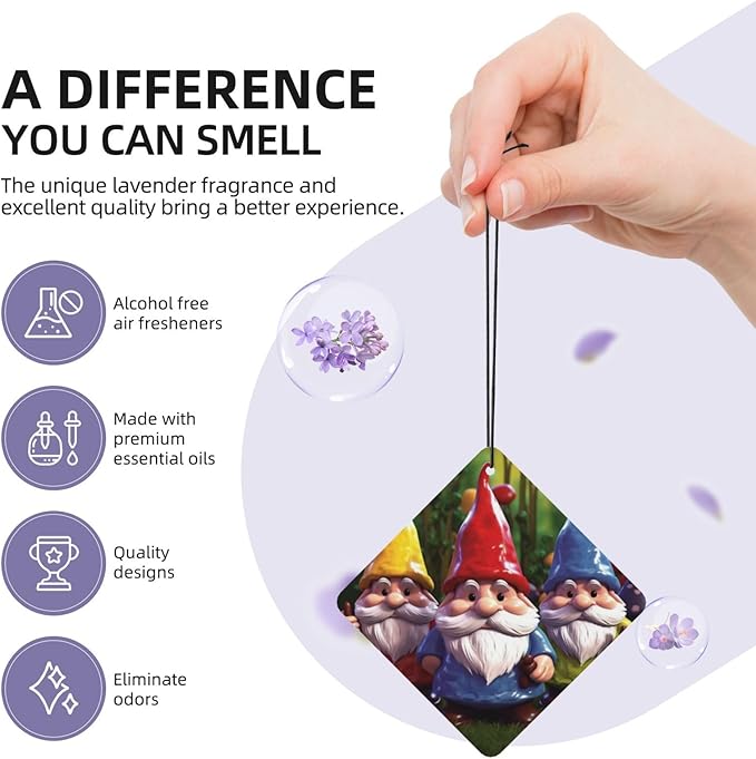 6 Pcs Car Air Fresheners Colorful Gnomes Hanging Air Freshener Fragrance Scented Cards for Car Interior Mirror Pendant Aromatherapy Tablets Gifts for Women Men, Lavender, Square