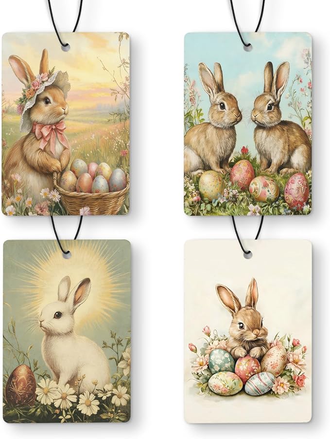 Vintage Easter Bunny Egg Car Air Freshener 4 Pcs, Religious Easter Rabbit Egg Floral Hanging Air Freshener for Cars Closet Drawer Books, Spring Bunny Car Accessories for Women