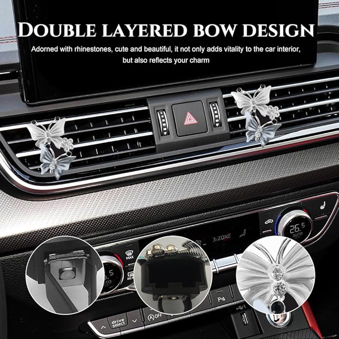 2PCS Car Air Vent Clips, Dual Butterfly Diamond Car Air Conditioner Outlet Vent Clip, Cute Car Diffuser Perfume Clip, Car Air Freshener Decor Accessories for Women Girl (Gray, Style 1)