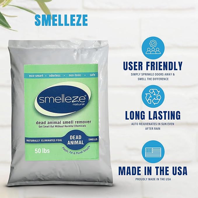 SMELLEZE Dead Animal Odor Eliminator for Strong Odor Removal - Eliminate Dead Rodent & Wildlife Smell - Safe Indoor & Outdoor Use, Natural Odor Remover, Fresh & Effective - Powder, 50 lbs.