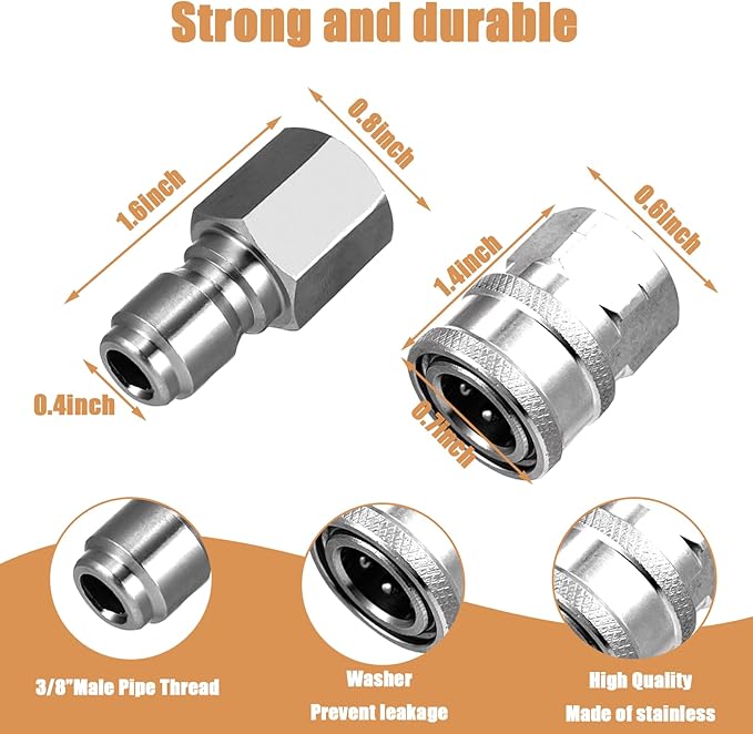 4 Sets NPT 3/8 Inch Pressure Washer Coupler Quick Connect Plug Stainless Steel Male and Female Quick Connect Fittings Pressure Washer Adapter Set (Internal Thread, External Thread)
