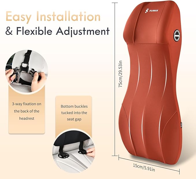 FLORICH 2-in-1 Lumbar Support with Headrest Pillow for Car Ergonomic Memory Foam Car Seat Back Cushion Integrated Lumbar Pillow with Car Neck Pillow for Driving Seat Relief Back Sciatica Pain, Red